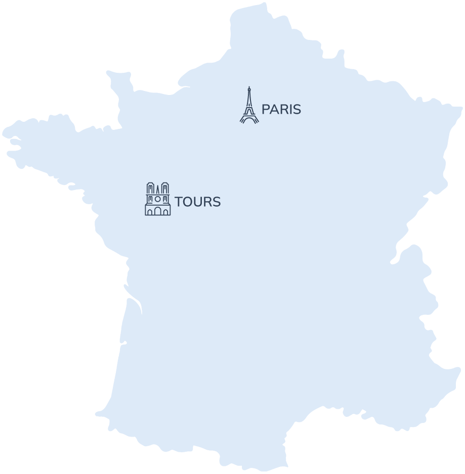 Map of France showing the cities of Paris and Tours