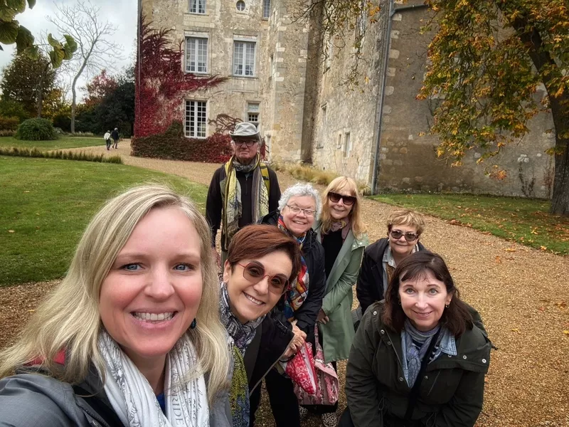 Smiling 2025 group France With Véro Immersion Workshop outside of Chateau de Saché